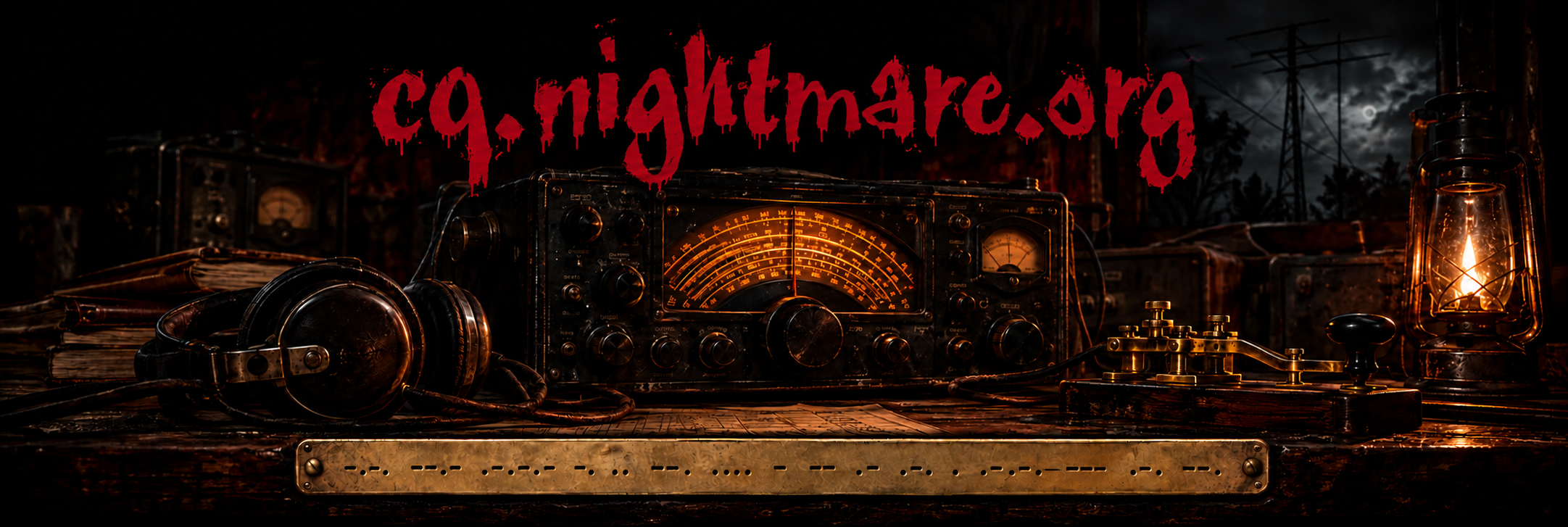 cq.nightmare.org: vintage radio receiver, headphones and Morse key; the address is engraved in Morse code on a brass plate